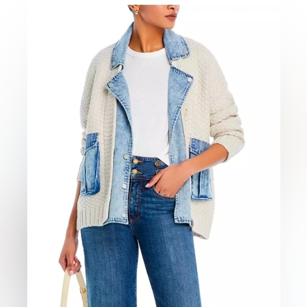 Blank NYC Cream Knit Sweater with Light Blue Denim Trim
